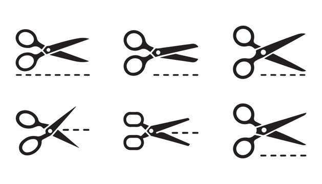 Black scissor icons with dashed cut lines representing creative cutting task on transparent backdrop.