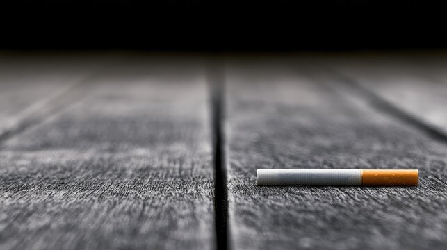 Single unlit cigarette rests on weathered wooden planks, dark background