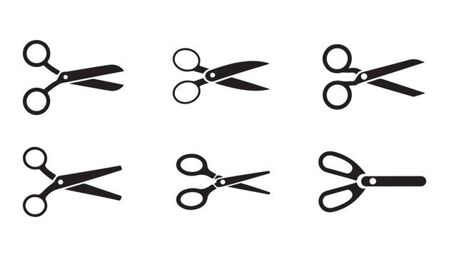 Simple black scissor icons for craft and barber shop concepts presented on transparent backgrounds.