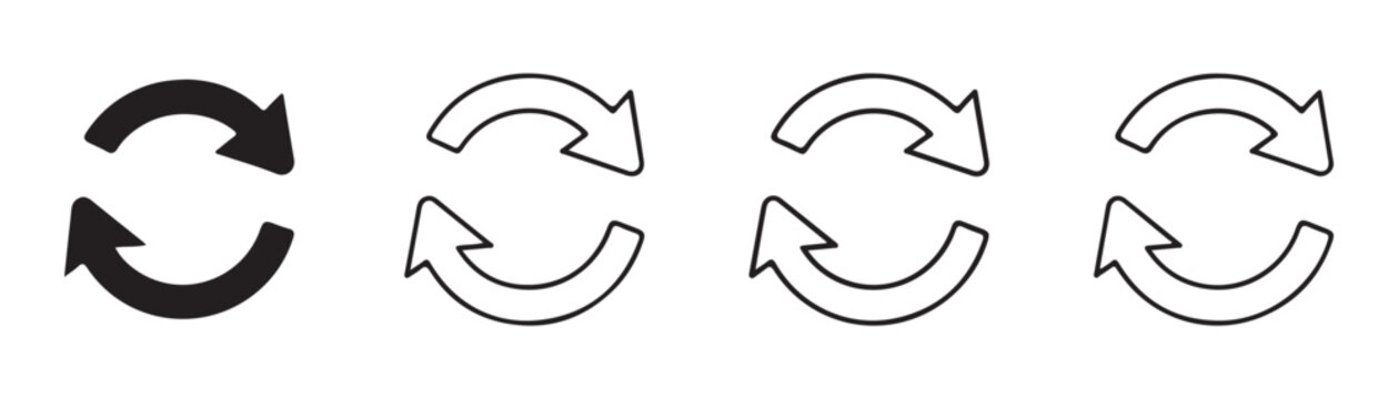 Various refresh and sync icon designs featuring dual arrows in circular motion for user interfaces.