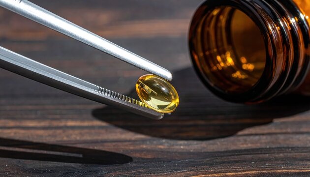 Macro view of metallic tweezers holding a small golden translucent gel capsule near a dark glass medicine bottle, capturing the precise preparation of dietary supplements in a clinical setting.