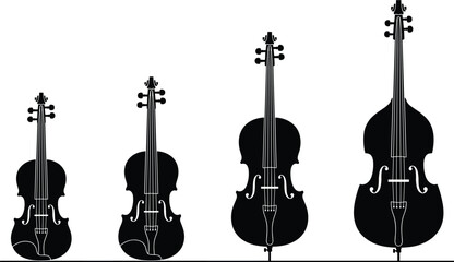 Flat vector illustration of violin family silhouettes, viola cello double bass icons, orchestral string instrument design, minimal black musical art graphic © MST RAMANA