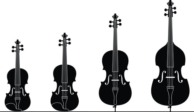 Flat vector illustration of violin family silhouettes, viola cello double bass icons, orchestral string instrument design, minimal black musical art graphic