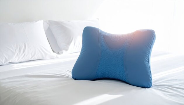 Ergonomic blue orthopedic neck support pillow with breathable mesh texture, resting on a clean white bed in a bright modern bedroom setting for ultimate sleep comfort and cervical spine relief.