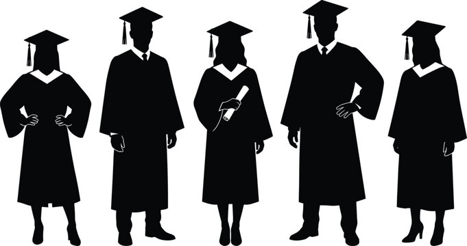 Graduation icon illustration set, black silhouettes showing graduates in caps and gowns holding diplomas - flat vector illustration