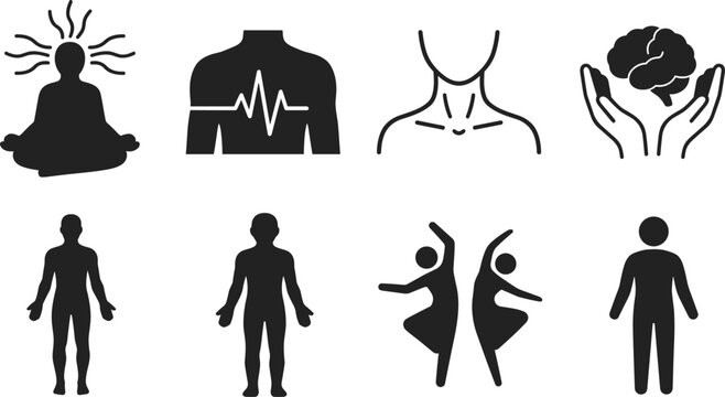 Health and wellness vector illustration set, stylized silhouettes with meditation, anatomy, brain, dancing and human motifs