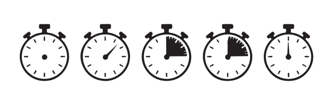 Stopwatch icons collection showing various elapsed time intervals and needle positions on clock face.