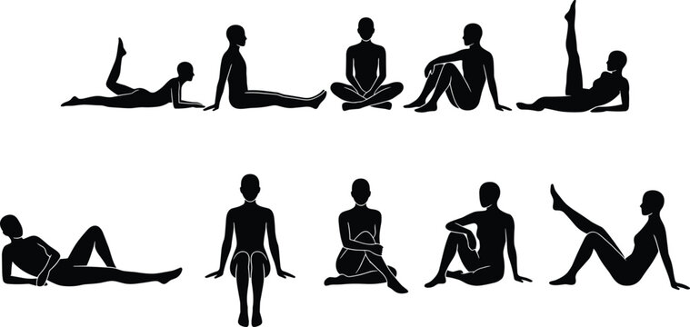 Human silhouette illustration set, black designs showing seated and reclining poses in casual and relaxed positions - flat vector illustration