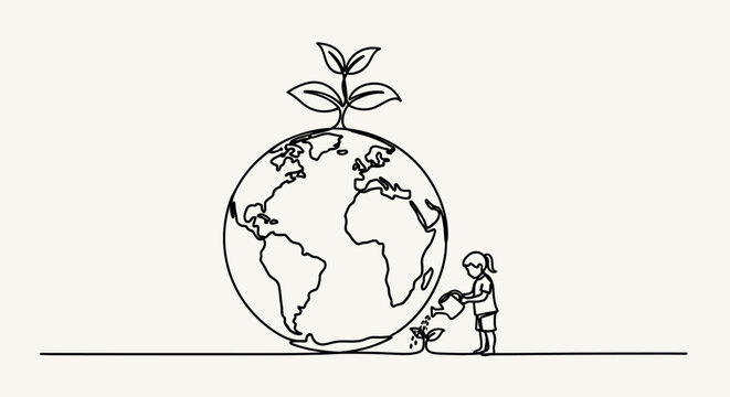 Minimalist world with girl watering sapling - environment concept