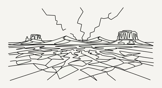 Abstract desert landscape illustration with lightning