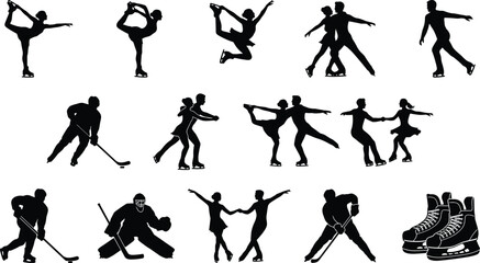 Ice skating and hockey silhouette illustration set, black designs showing figure skaters, hockey players, goalie, and ice skates - flat vector illustration © MSTRAMANA
