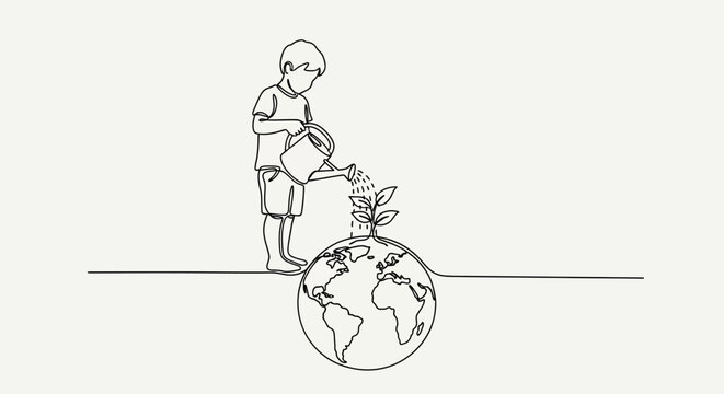 Child nurturing sprout, watering globe illustration, environmental symbol