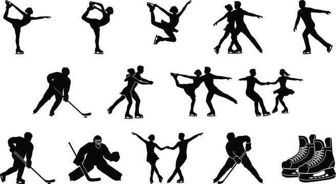 Ice skating and hockey silhouette illustration set, black designs showing figure skaters, hockey players, goalie, and ice skates - flat vector illustration