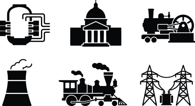 Industrial energy vector illustration set, stylized silhouettes with nuclear reactor, steam engine, cooling tower and transmission motifs