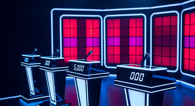 Empty game show stage with four podiums featuring digital score and microphones against a red and purple illuminated grid background