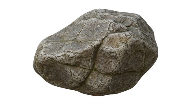 A single large, weathered grey stone boulder with deep cracks and textured surface isolated on a solid black background
