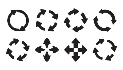 Fototapeta premium Set of black arrows collection of recycle arrow, refresh arrow in circle, and four way arrow.
