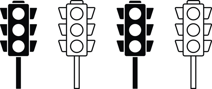 Traffic light icon illustration set, black-and-white designs showing filled and outlined traffic lights with poles - flat vector illustration
