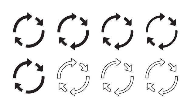 Collection of black refresh arrows, some solid and some outlined, for various uses.