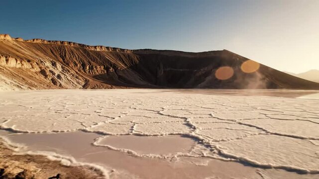 Drone perspective of a unique salt lake within a caldera in a desolate, arid environment during daytime hours