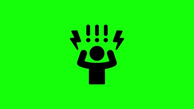 Animated stick figure icon depicting a person experiencing stress, anger, or frustration with lightning bolts and exclamation marks, on a green screen background.
