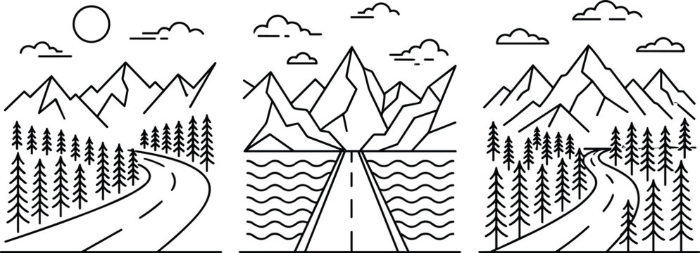 Flat vector illustration of mountain road landscapes, minimalist nature line art, scenic travel icons, modern outdoor graphic set, black outline forest and mountain views