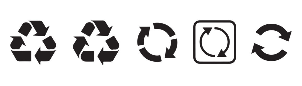 Universal recycling symbols and circular arrow icons collection for sustainable packaging and design.