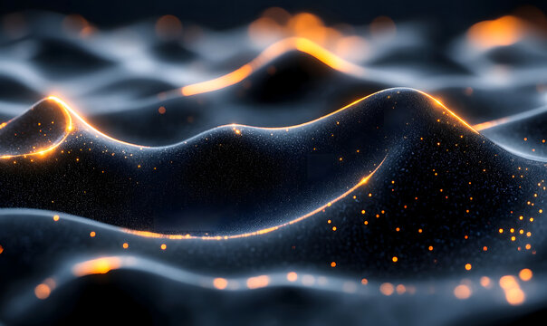 Abstract dark wave pattern with glowing orange particles and blurred lights