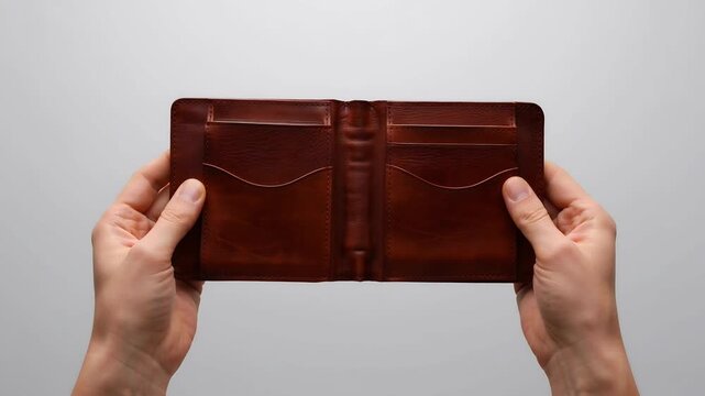 Hands Holding Open A Brown Leather Bifold Wallet On A Clean White Background Showing Interior Card Slots