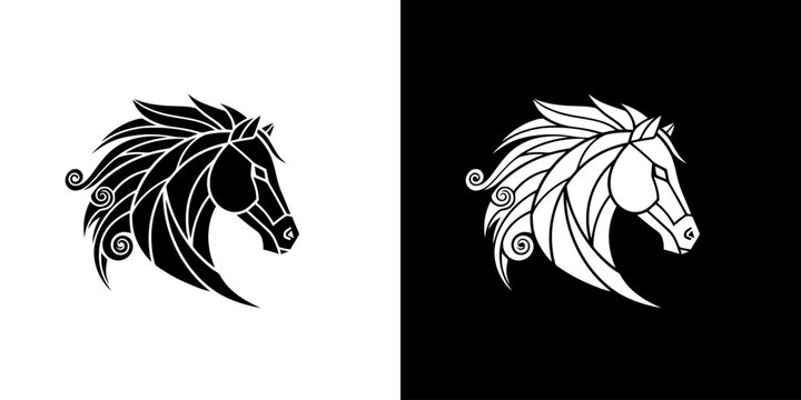 Elegant Horse Head Silhouette in Contrasting Black and White.