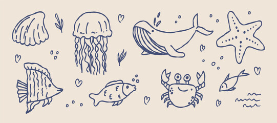 Hand-drawn sea life doodle set with whale, jellyfish, crab and fish. © Mariana