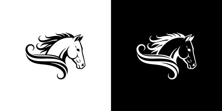 Elegant Horse Head Silhouette Logo Design in Black and White.