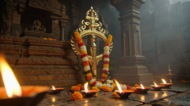 Skanda Sashti background with spear (Vel) symbol and dramatic temple lighting for Hindu worship