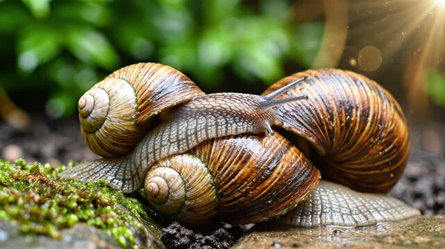 Close-up of three snails stacked on each other with one snail&acirc;&euro;TMs tentacles extended in a natural environment on a sunny day