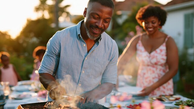 African American man grilling food outdoors at a family gathering in the backyard, with a woman preparing a table and flowers in the background