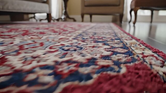 Closeup view of a vintage Persian rug with intricate patterns in a living room.