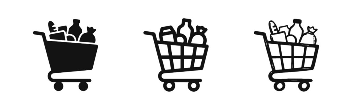 Full Shopping Cart Grocery Icons, Supermarket and Retail Purchase Symbols
