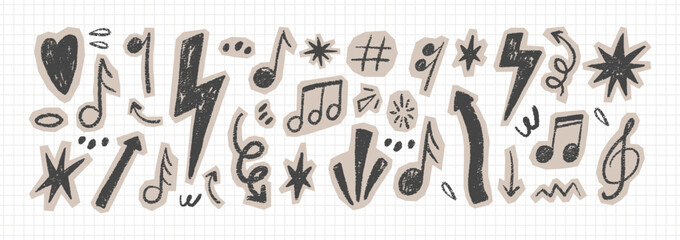 Punk rock doodle set with sketched icons, lightning bolts, hearts, and vintage grunge textures. Perfect for collage and scrapbook projects. Black vector illustration. © Arina