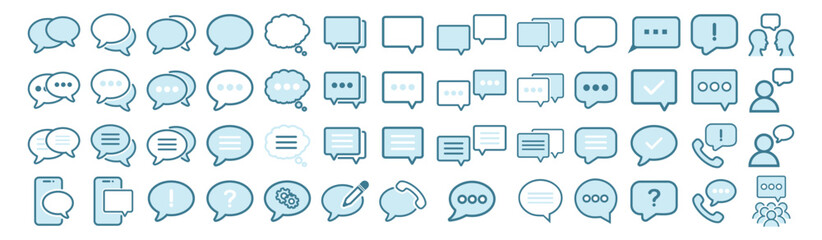 Blue and white speech bubble icons with phone and user symbols. Communication and chat concept on transparent background. © Taisiia