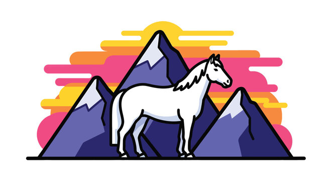 White Horse Standing on Mountain Peak.