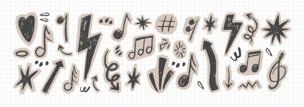 Punk rock doodle set with sketched icons, lightning bolts, hearts, and vintage grunge textures. Perfect for collage and scrapbook projects. Black vector illustration.