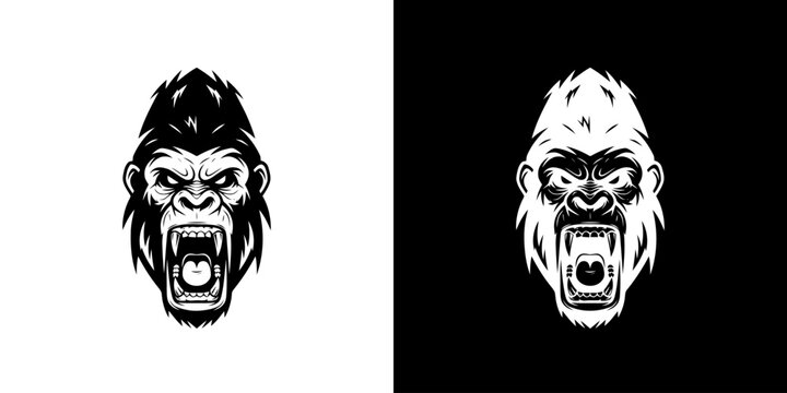 Fierce Gorilla Head Illustration in Black and White.