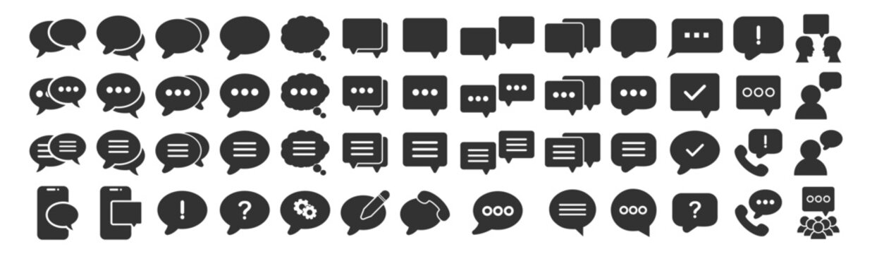Collection of various speech bubble icons in different styles and shapes. The icons include chat, message, phone communication, and user silhouettes on transparent background.
