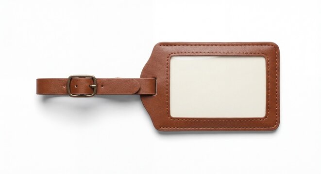 Brown luggage tag with blank label on white background