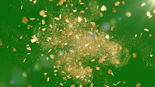 Abstract gold explosion effect on green screen, particles and glitter flying to the camera in slow motion