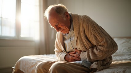 Fototapeta premium An elderly man experiencing stomach pain, sitting on a bed in a bright room, clutching his abdomen in discomfort.