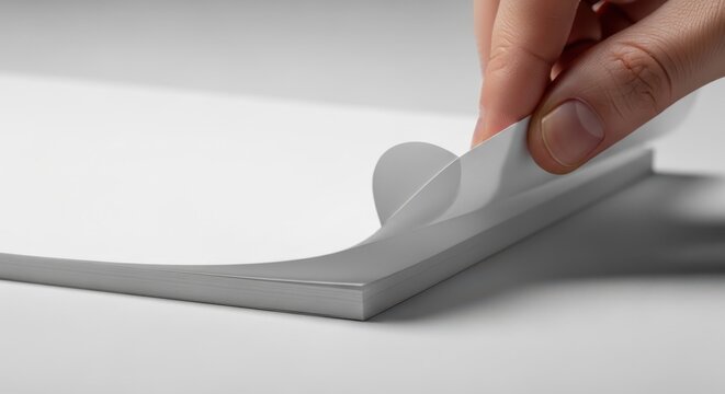 Close-up of hand peeling edge from stack of high-quality paper with soft lighting