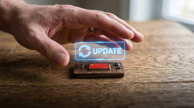 China semiconductor update hand over microchip on wooden table with digital icon