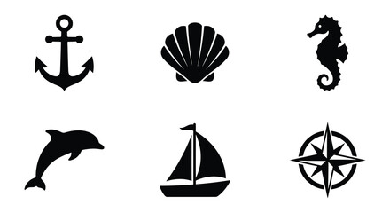 Obraz premium Marine life and nautical elements collection in black silhouette