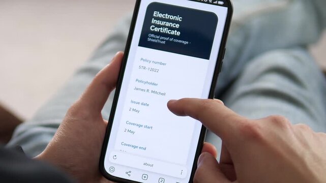 Modern user checking an electronic insurance certificate on a smartphone. Features digital policy details and coverage proof. Ideal for InsureTech, mobile banking, and paperless business concepts